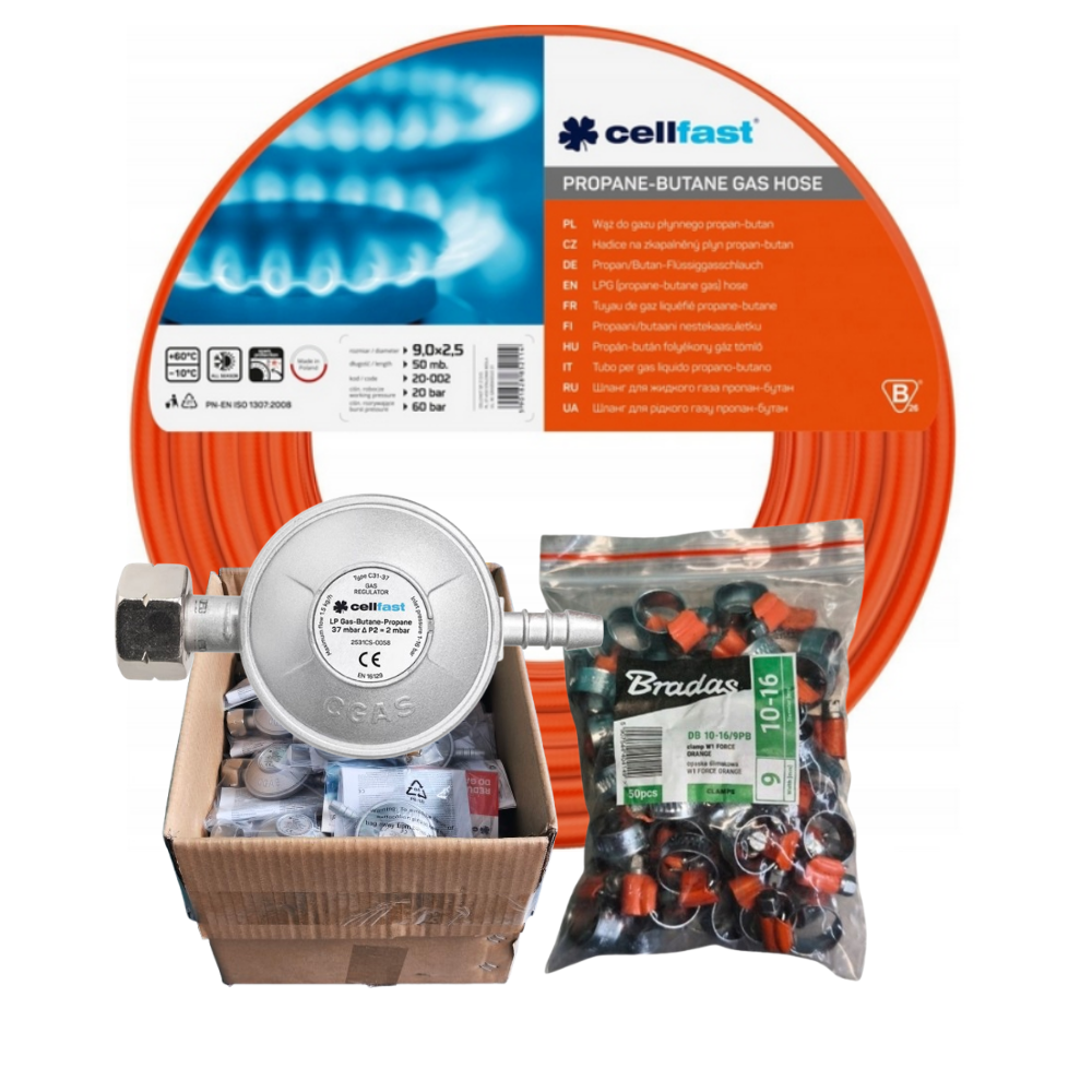Hurt: 50 reduktorów LPG Cellfast 52-500 + opaski + wąż gazowy 50m