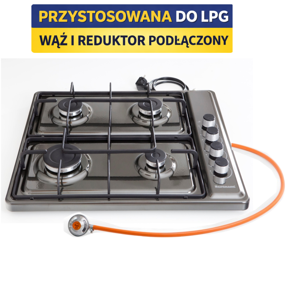 Ravanson K-04BNG Kuchenka Gazowa 4-Palnikowa LPG – GOTOWA | Wąż + Reduktor Podłączone | Termopara | Nablatowa | Media Gaz